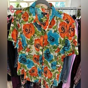 Talbots Sz XL blue & orange floral lightweight short sleeve button front blouse